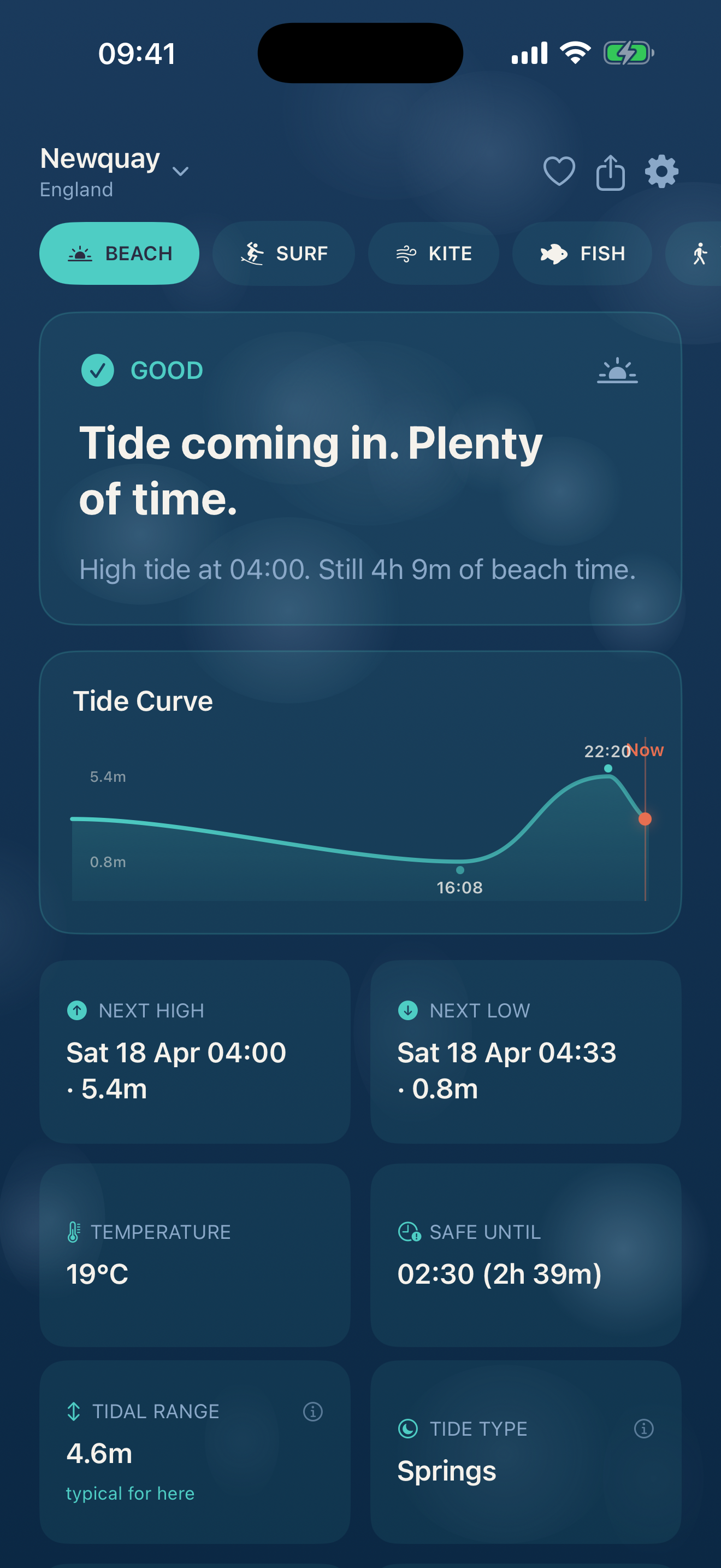 TideReady beach mode with tide, wind, and water quality