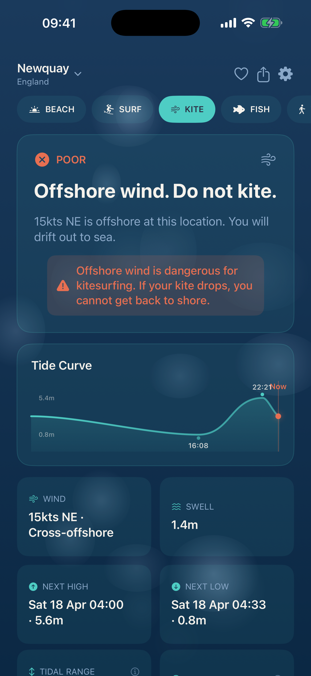 TideReady kite mode showing launchability, wind speed, and tide direction